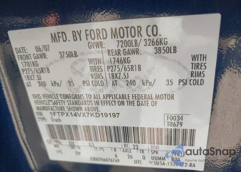 2007 Ford F-150 Fx4/Lariat/Xl/Xlt z USA, uszkodzony, nr VIN 1FTPX14VX7KD19197